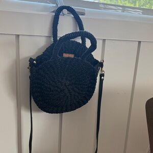 Black Round Woven Straw Crossbody Bag